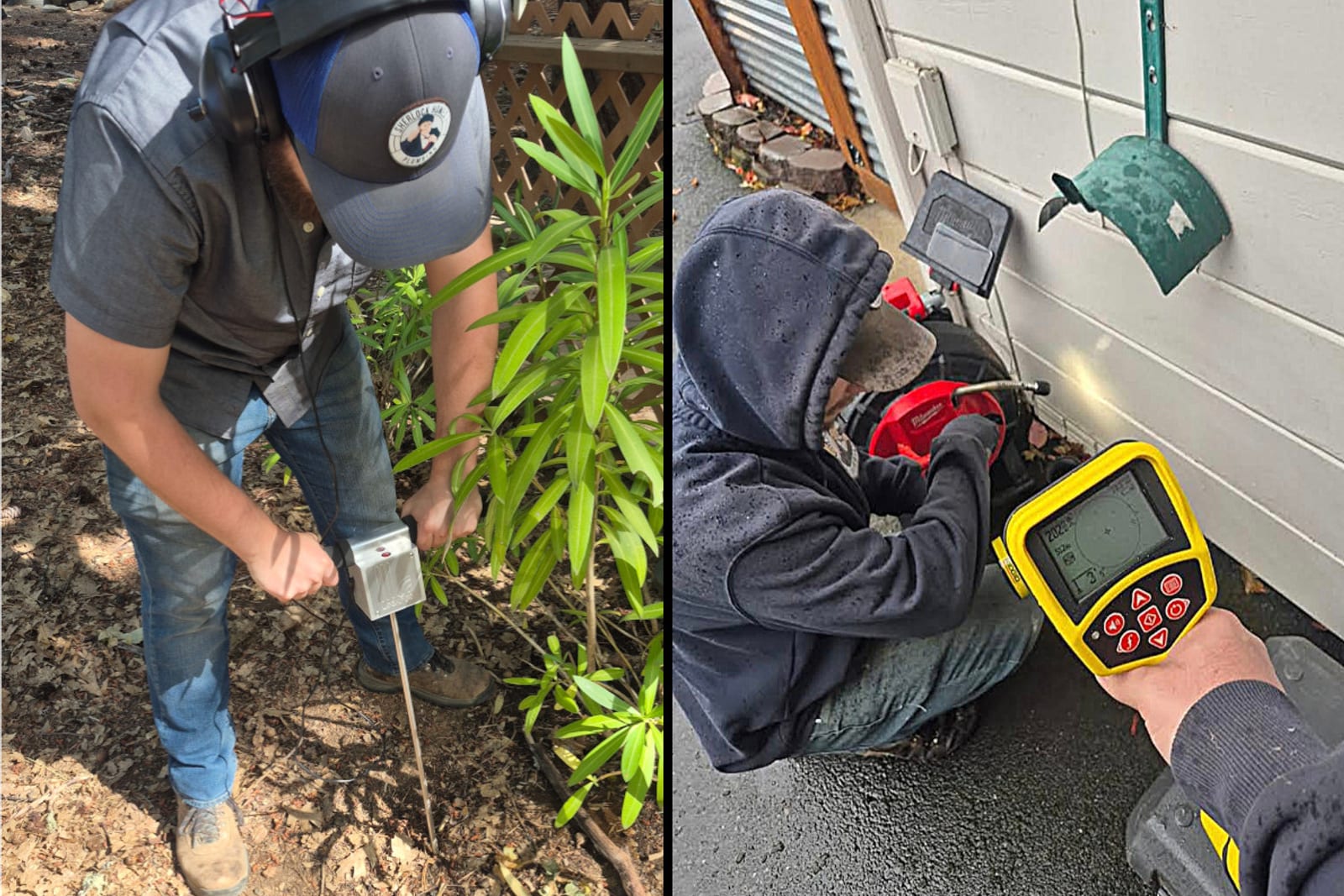 Technician using an electronic line locator to pinpoint an underground pipe