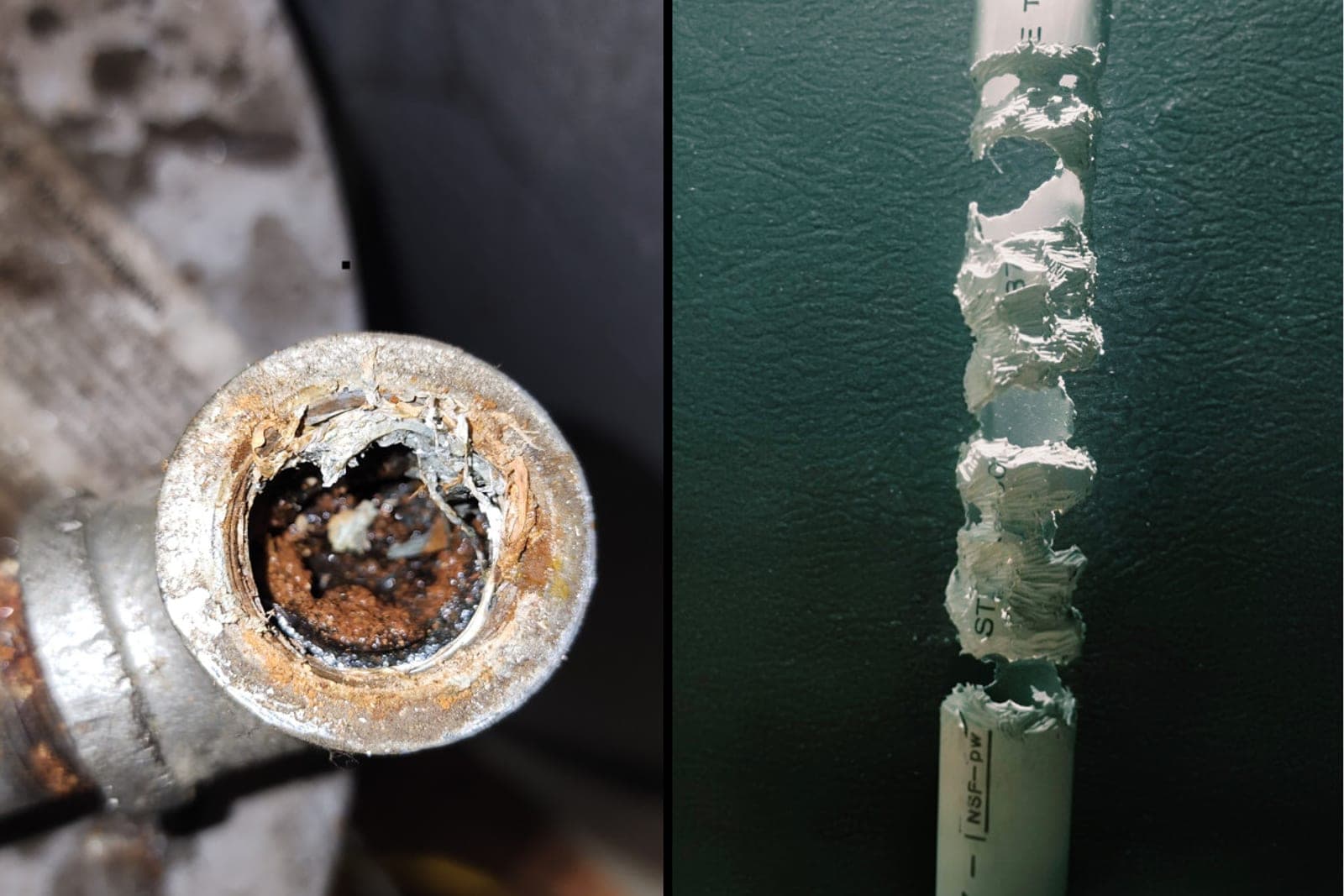 Cross-section of a corroded galvanized water pipe nearly closed by buildup