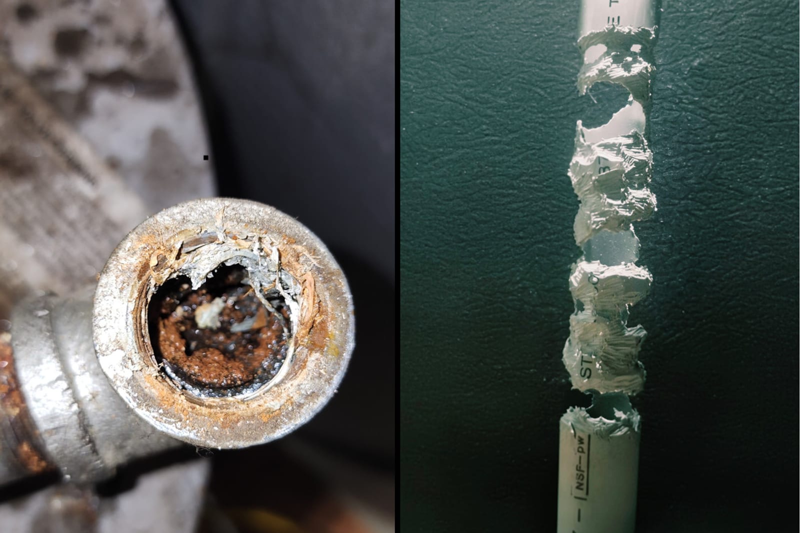 Cross-section of a corroded galvanized water pipe nearly closed by buildup
