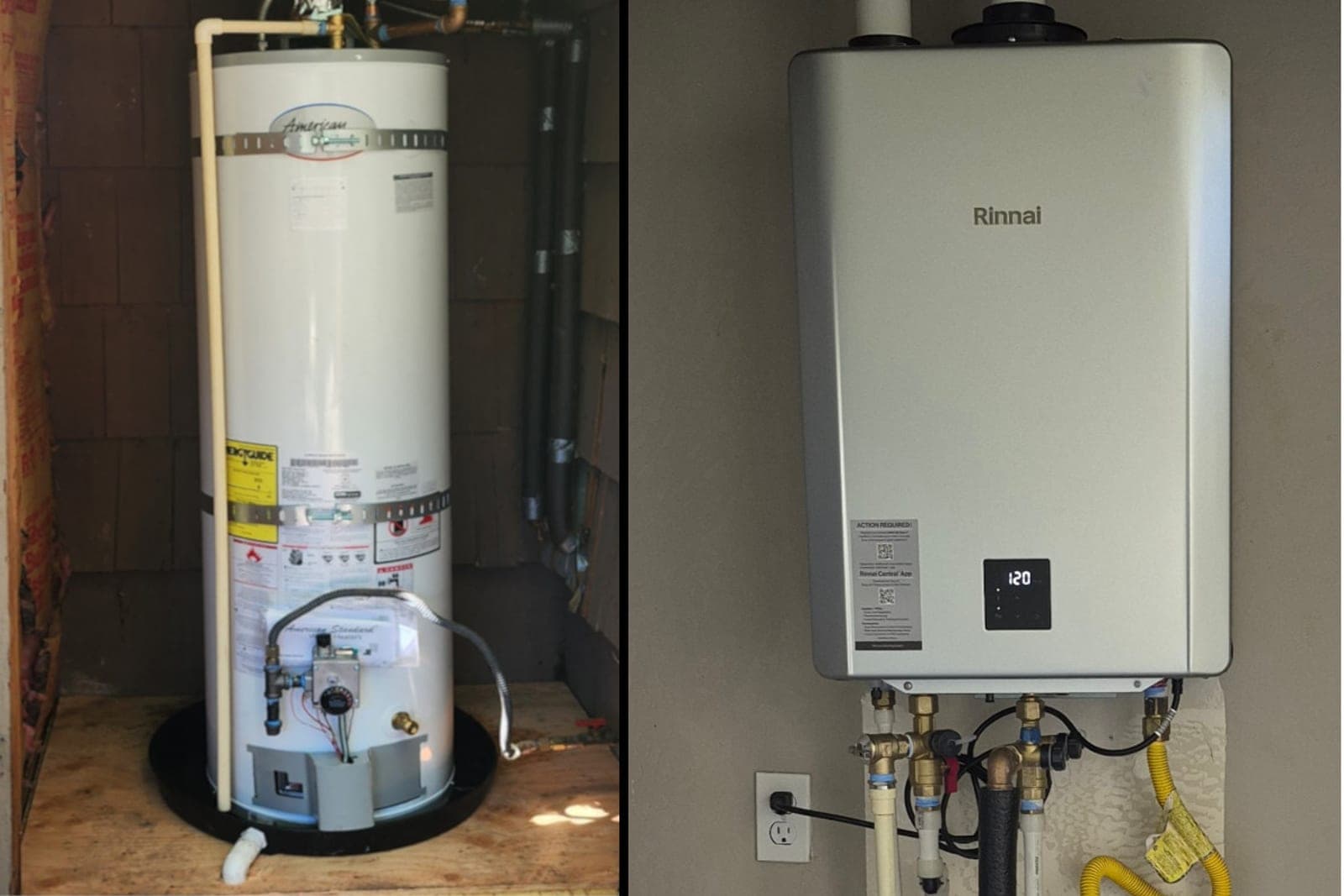 A traditional tank water heater beside a wall-mounted tankless water heater